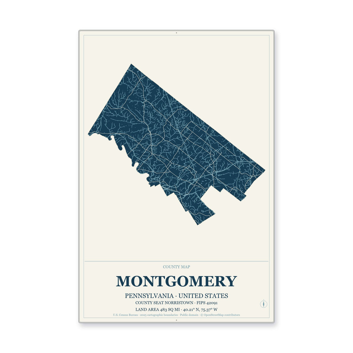 Montgomery County, Pennsylvania Map Aluminum Sign in Coastal Cutout style