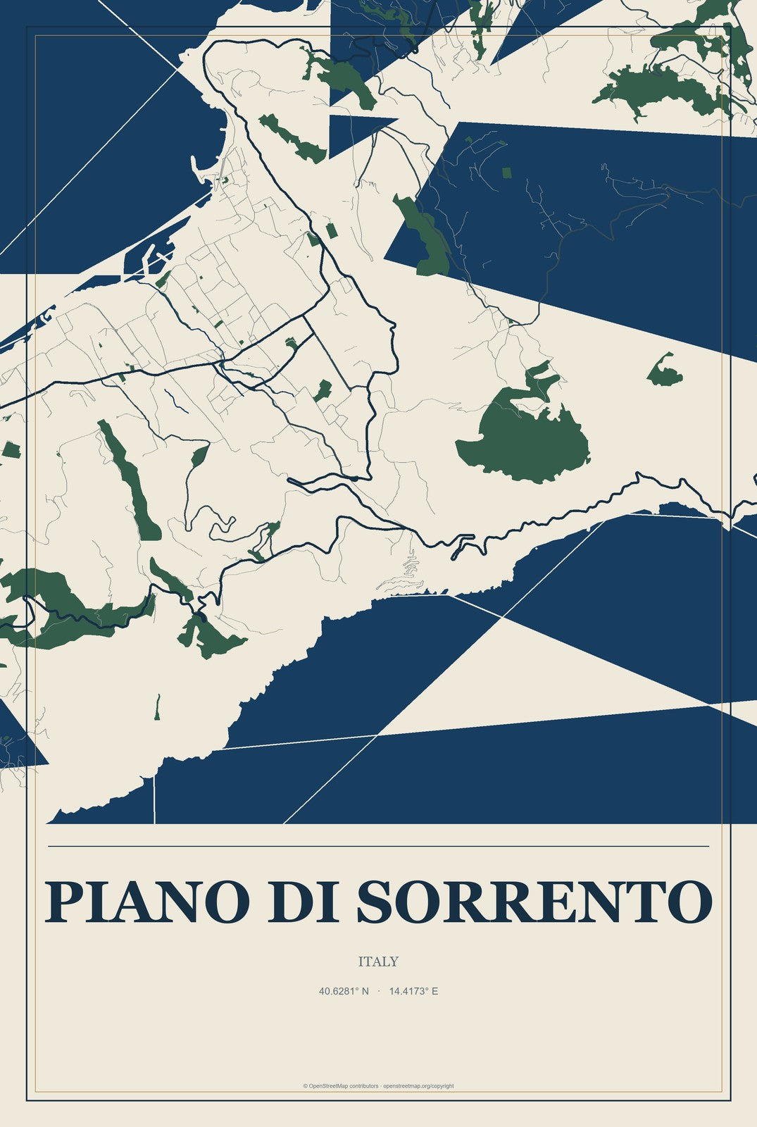 Piano di Sorrento, Italy City Map Aluminum Sign in Coastal Cutout style