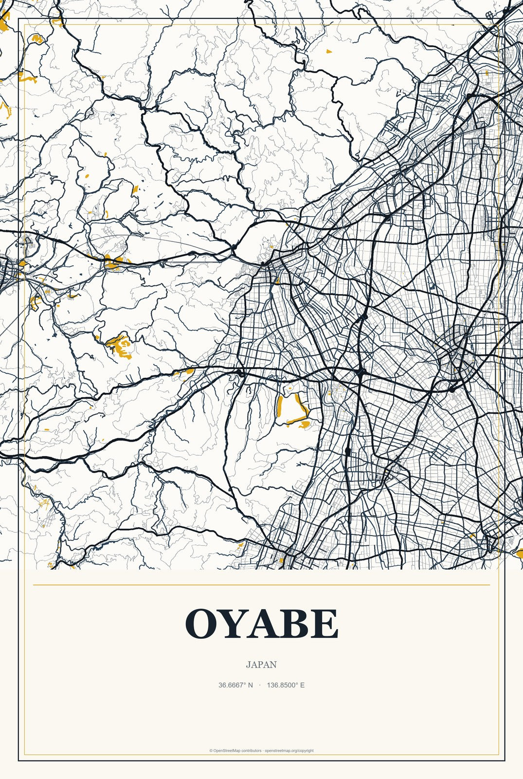 Oyabe, Japan City Map Aluminum Sign in Citrine Modern style