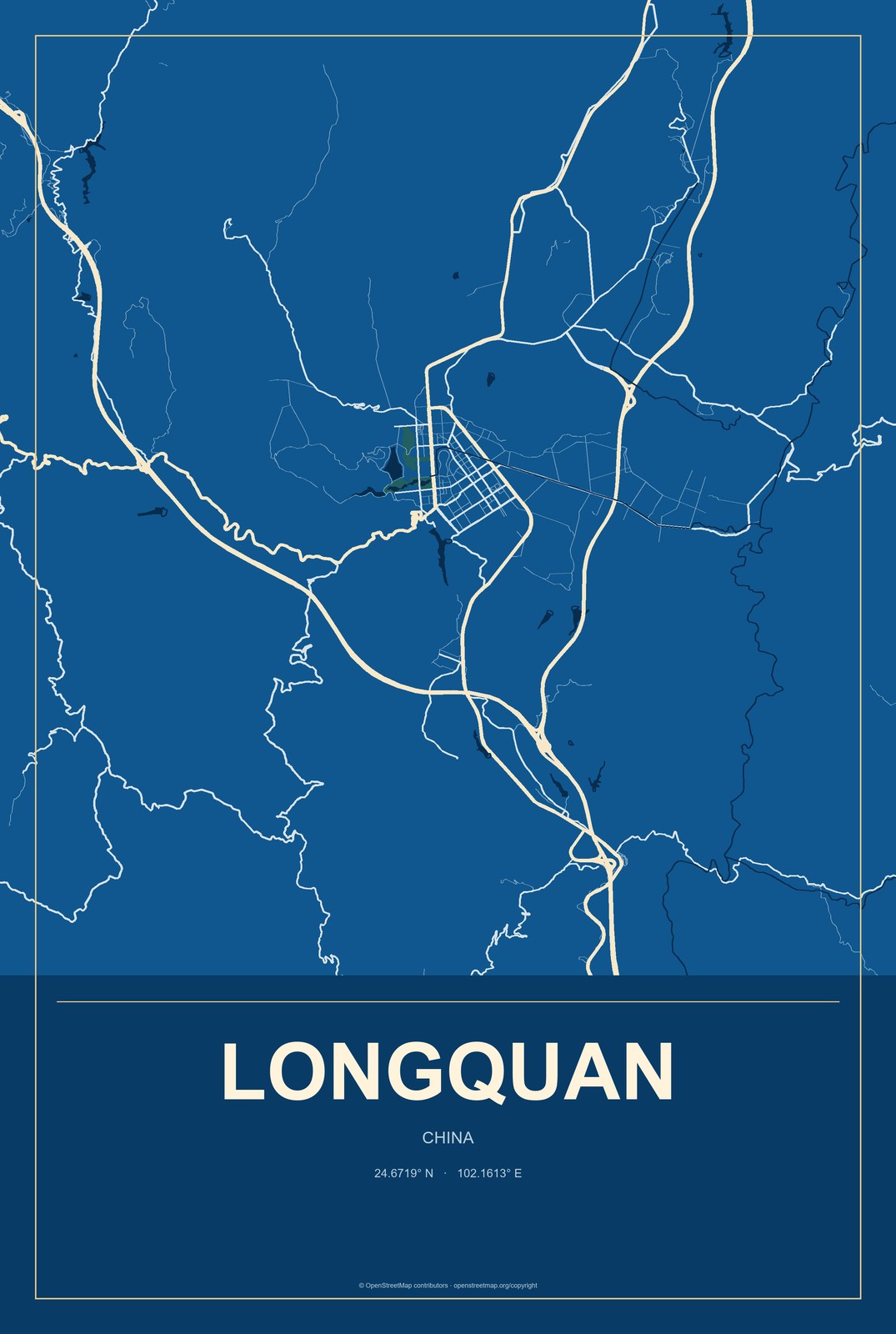 Longquan, China City Map Aluminum Sign in Harbor Cobalt style