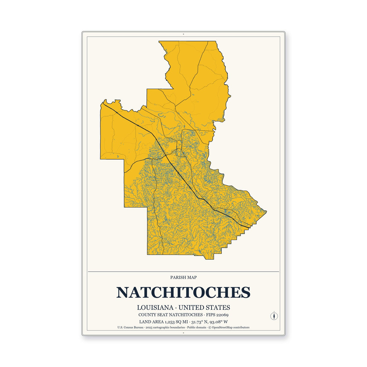 Natchitoches Parish, Louisiana Map Aluminum Sign in Citrine Modern style
