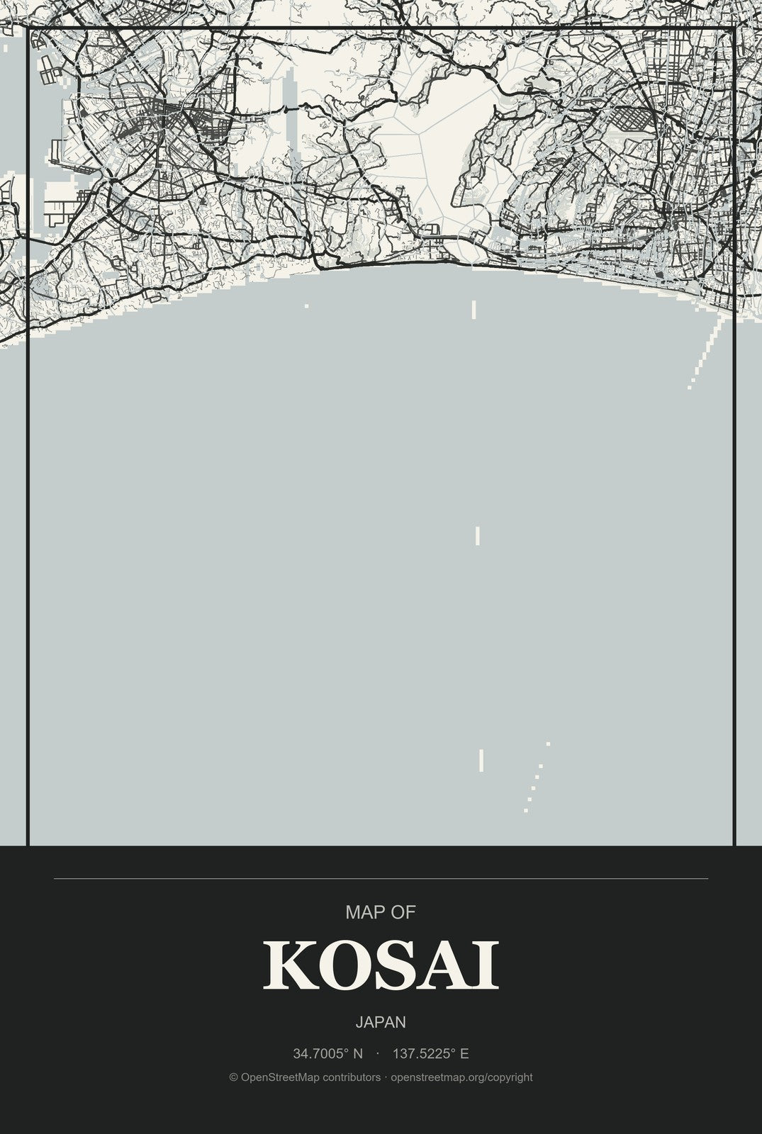 Kosai, Japan City Map Aluminum Sign in Museum Plaque style