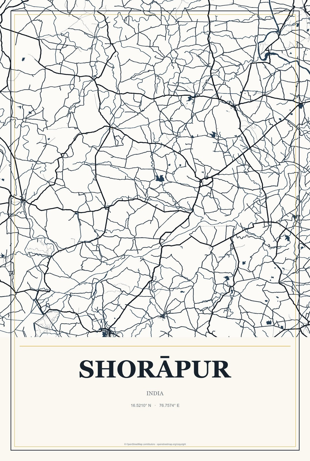 Shorāpur, India City Map Aluminum Sign in Citrine Modern style