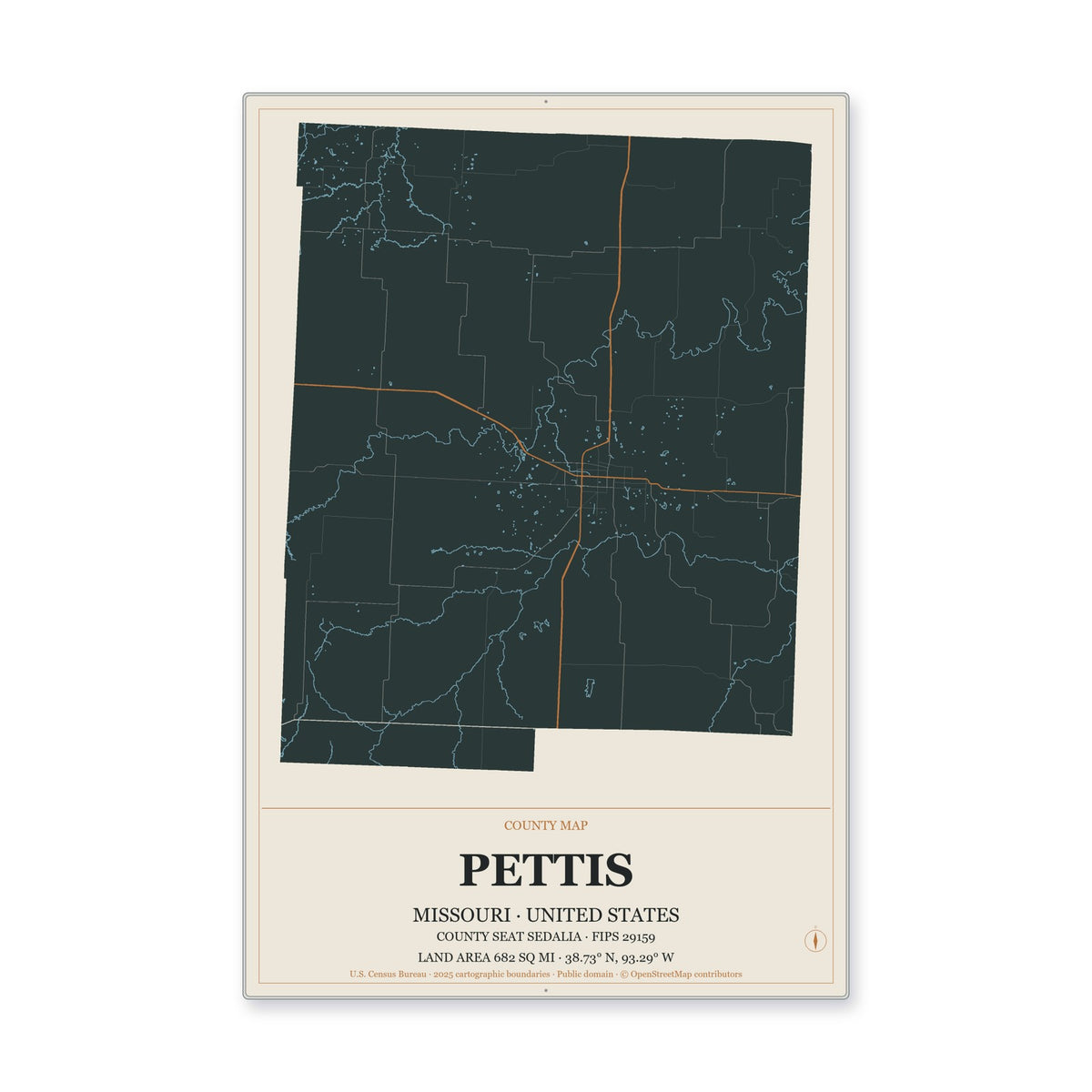 Pettis County, Missouri Map Aluminum Sign in Headline Atlas style