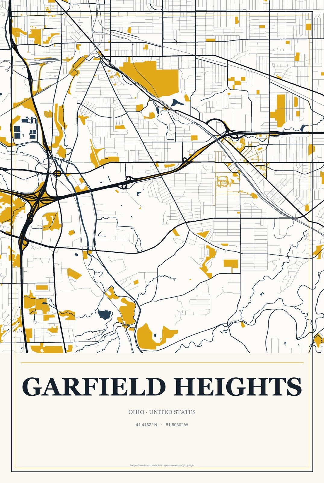 Garfield Heights, Ohio City Map Aluminum Sign in Citrine Modern style