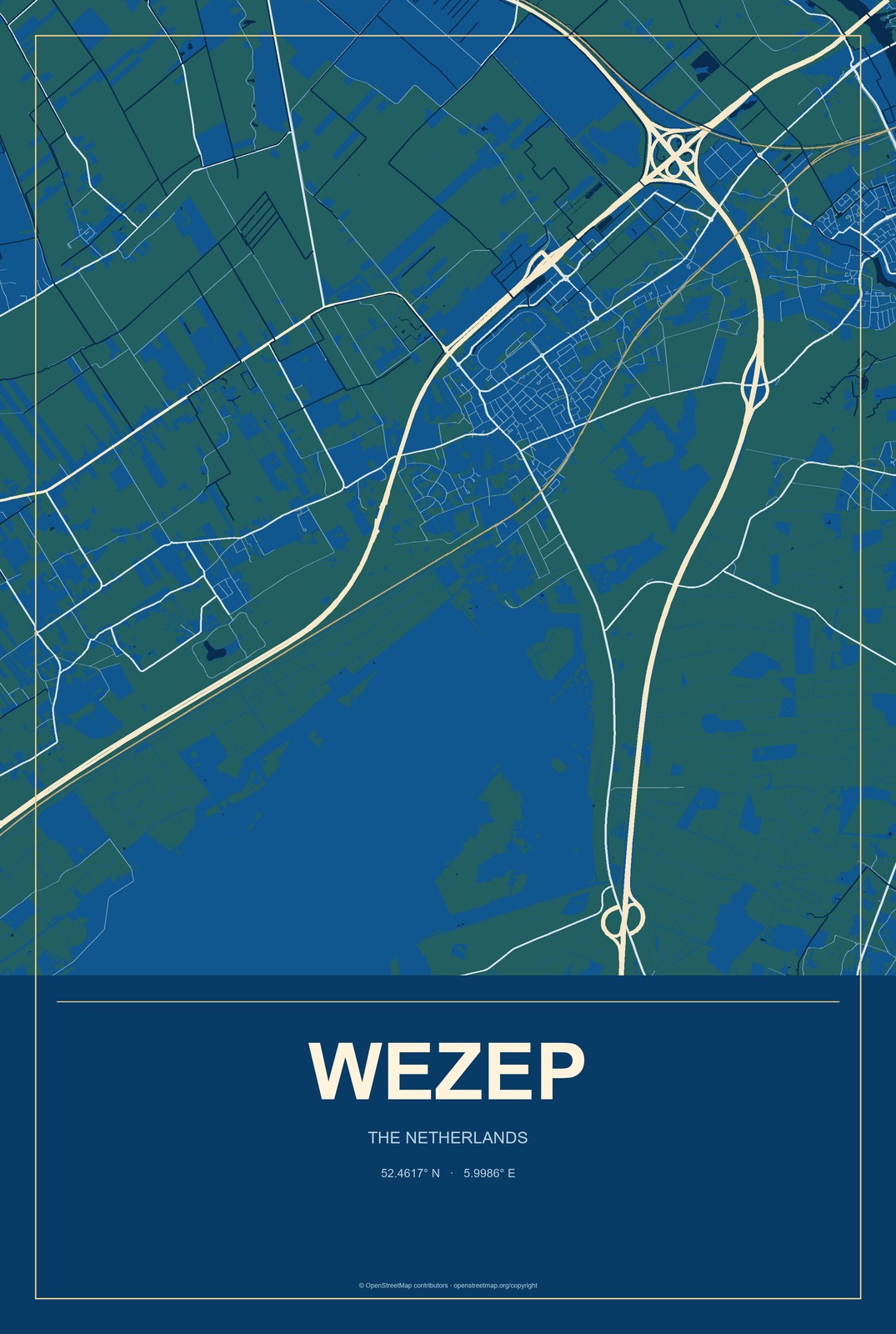 Wezep, The Netherlands City Map Aluminum Sign in Harbor Cobalt style