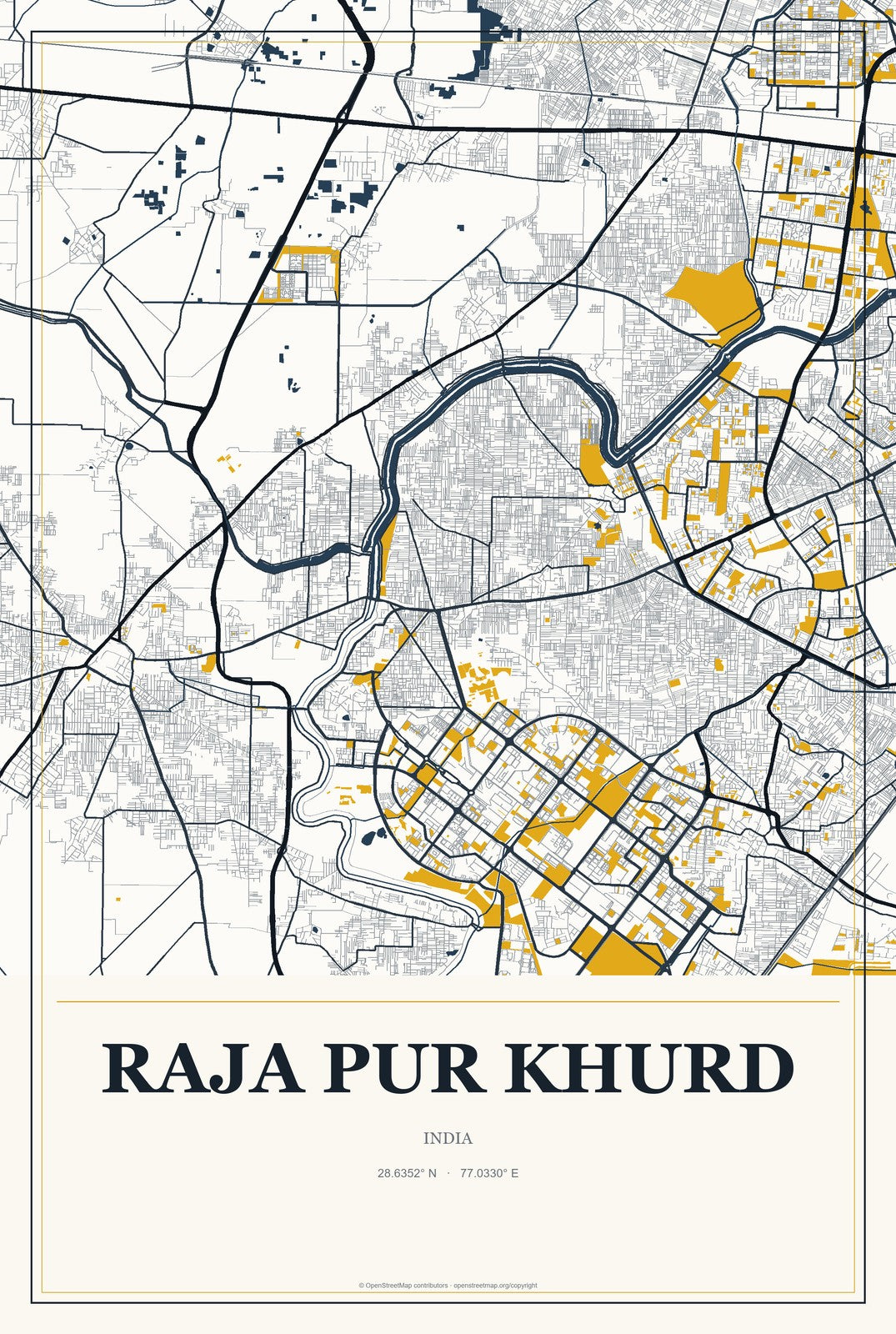 Raja Pur Khurd, India City Map Aluminum Sign in Citrine Modern style