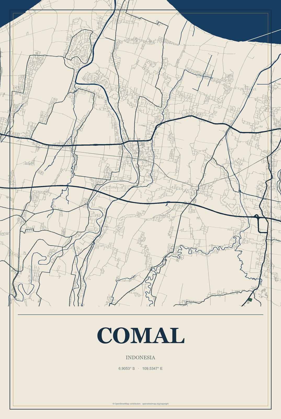 Comal, Indonesia City Map Aluminum Sign in Coastal Cutout style