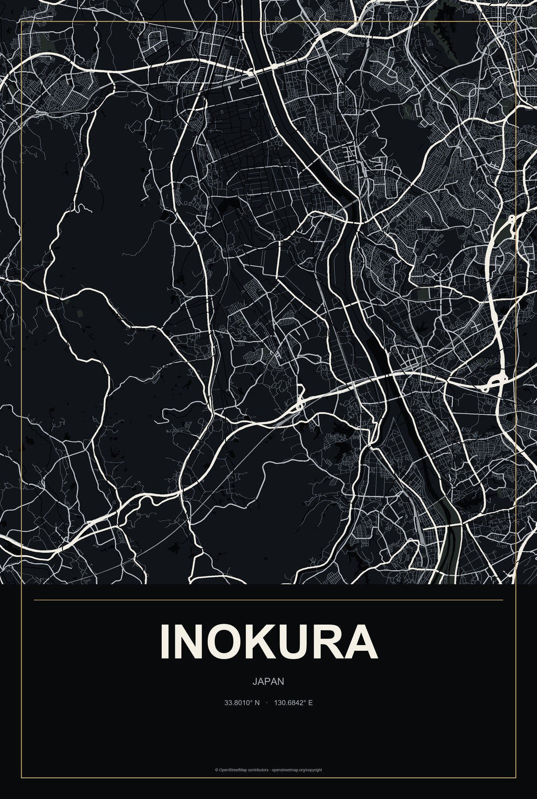 Inokura, Japan City Map Aluminum Sign in Metropolitan Noir style