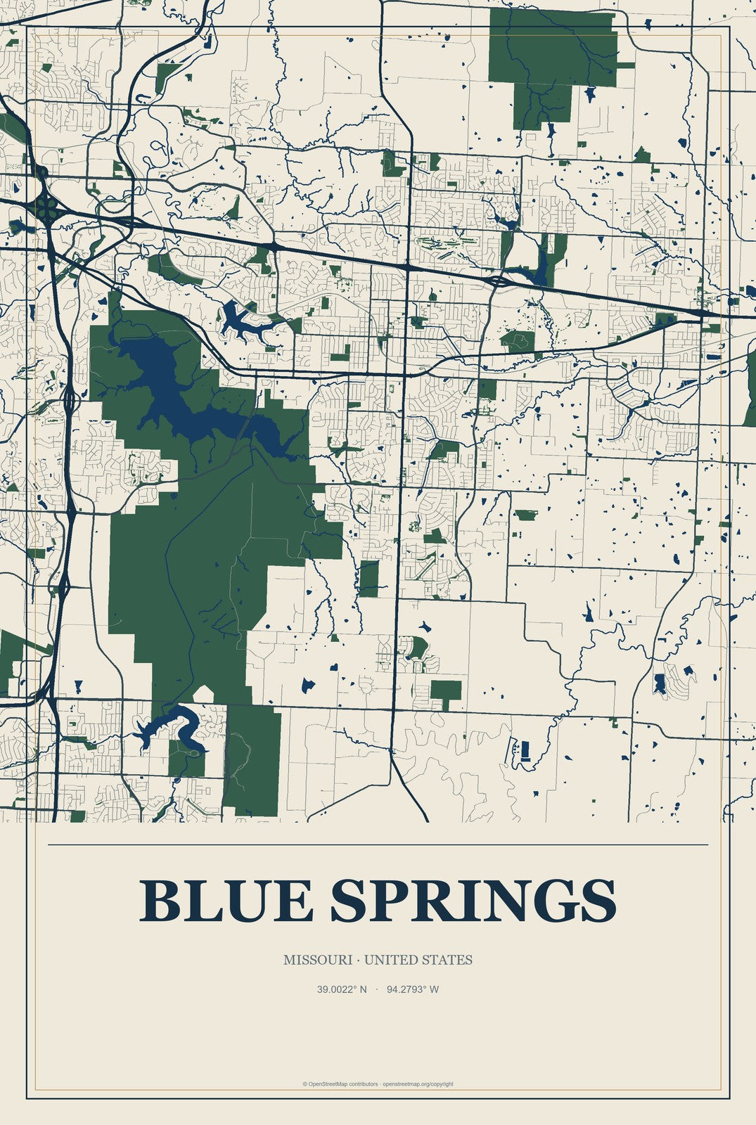 Blue Springs, Missouri City Map Aluminum Sign in Coastal Cutout style