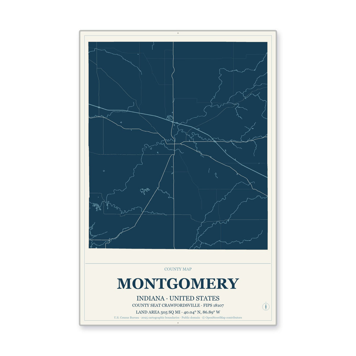 Montgomery County, Indiana Map Aluminum Sign in Coastal Cutout style
