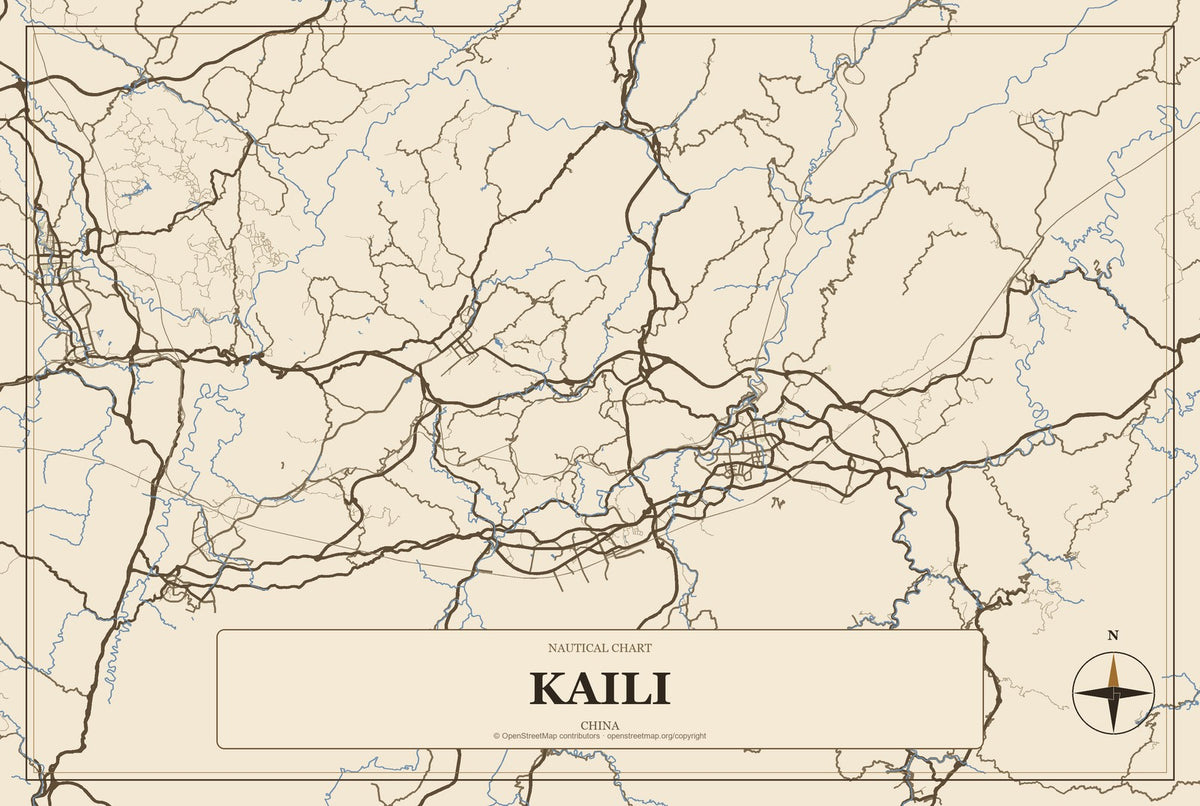 Kaili, China City Map Aluminum Sign in Heritage Nautical style