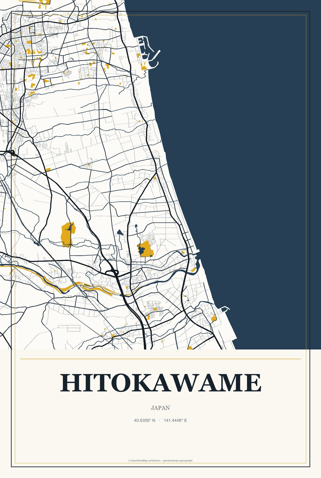 Hitokawame, Japan City Map Aluminum Sign in Citrine Modern style