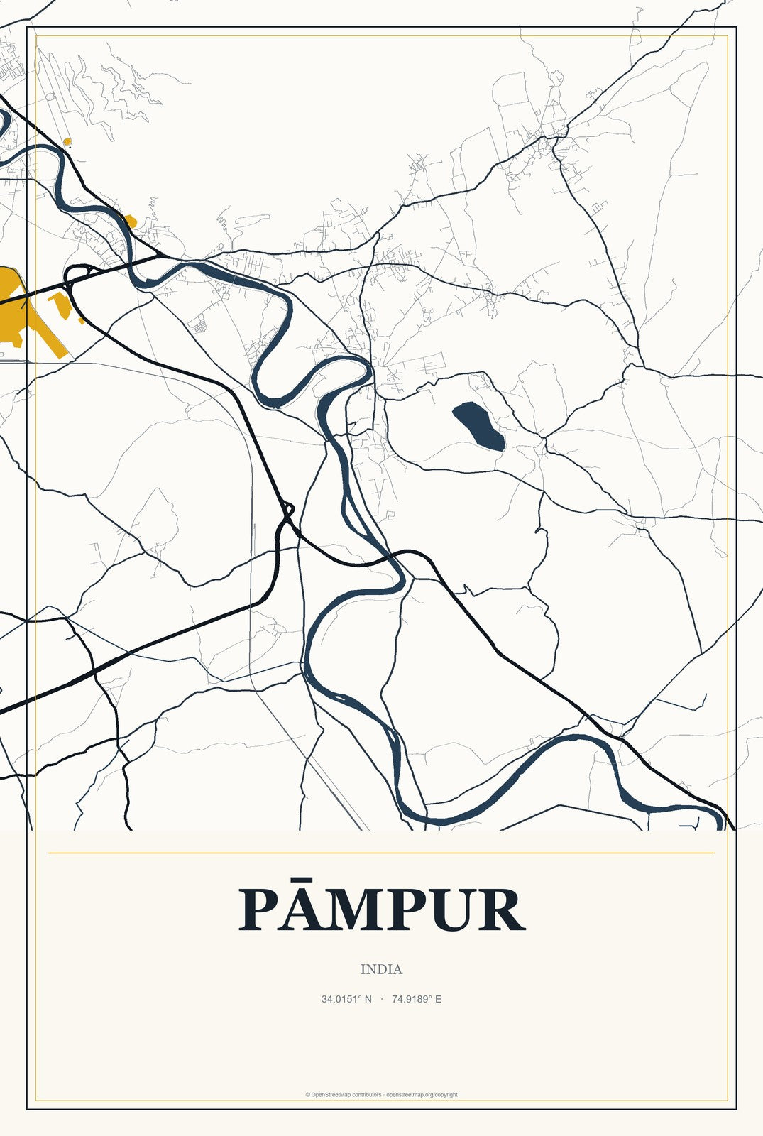 Pāmpur, India City Map Aluminum Sign in Citrine Modern style