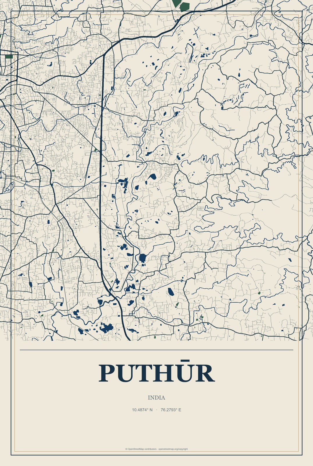 Puthūr, India City Map Aluminum Sign in Coastal Cutout style
