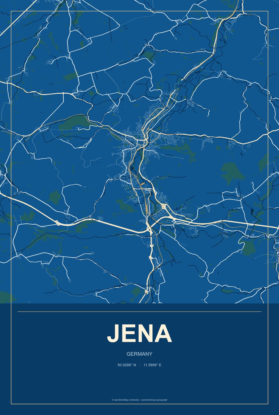 Jena, Germany City Map Aluminum Sign in Harbor Cobalt style