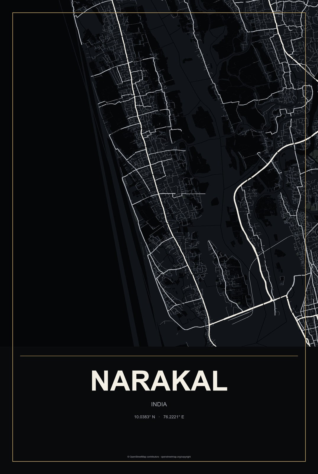 Narakal, India City Map Aluminum Sign in Metropolitan Noir style