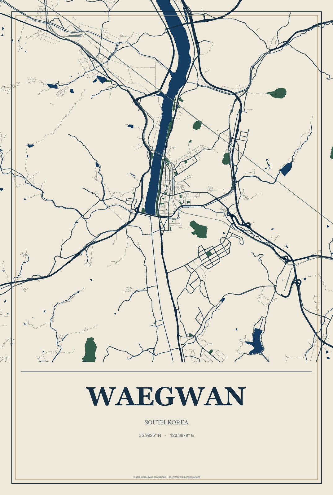 Waegwan, South Korea City Map Aluminum Sign in Coastal Cutout style
