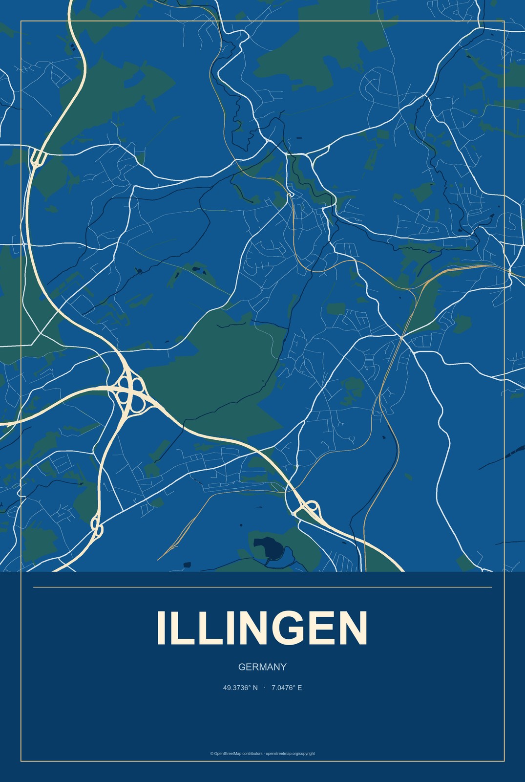 Illingen, Germany City Map Aluminum Sign in Harbor Cobalt style