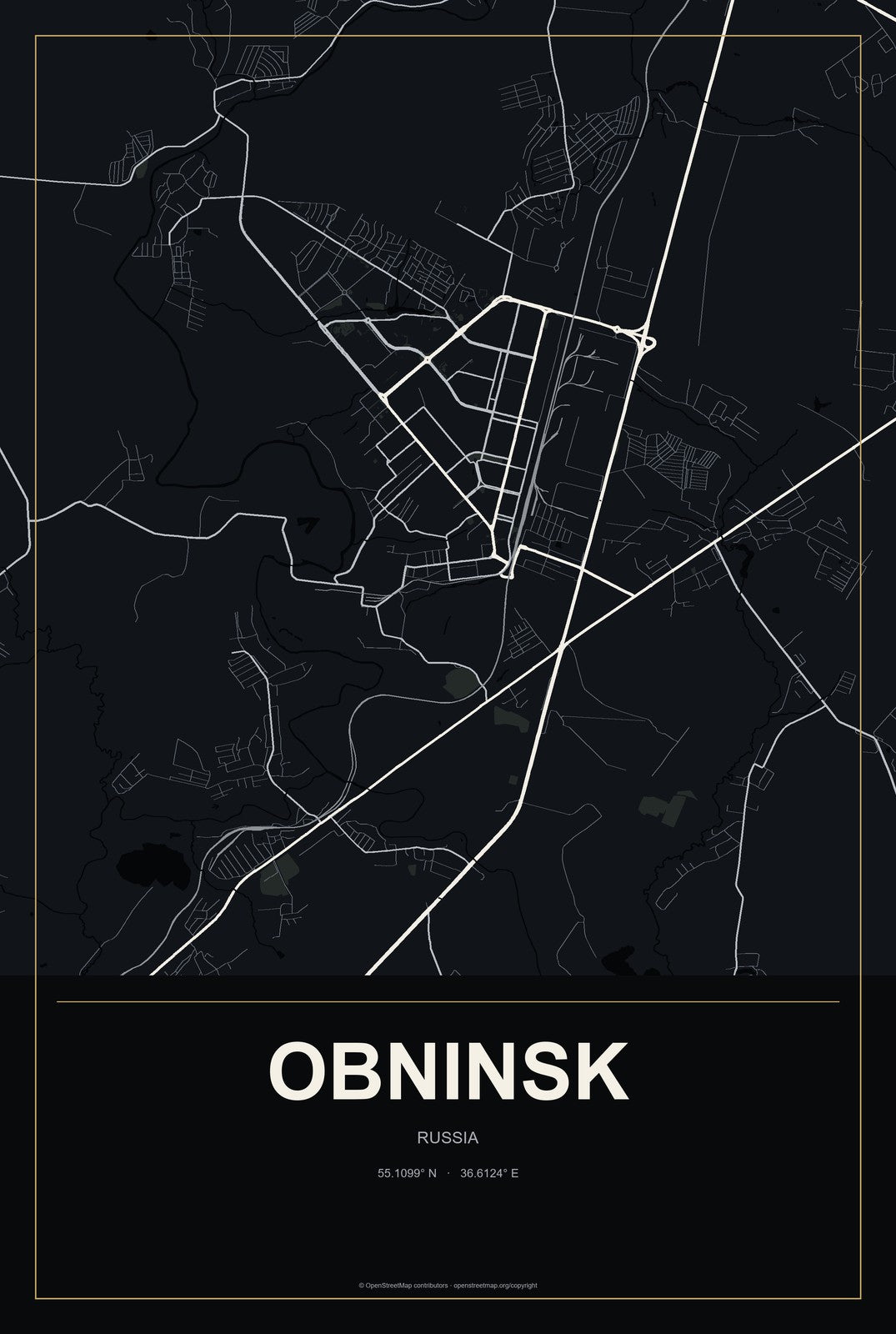 Obninsk, Russia City Map Aluminum Sign in Metropolitan Noir style