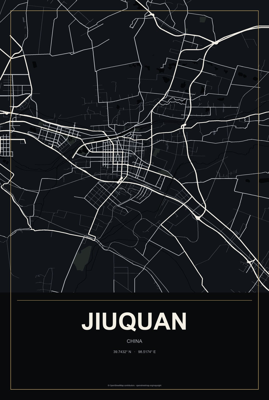 Jiuquan, China City Map Aluminum Sign in Metropolitan Noir style