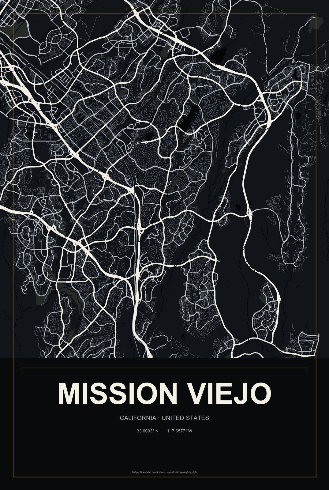 Mission Viejo, California City Map Aluminum Sign in Metropolitan Noir style