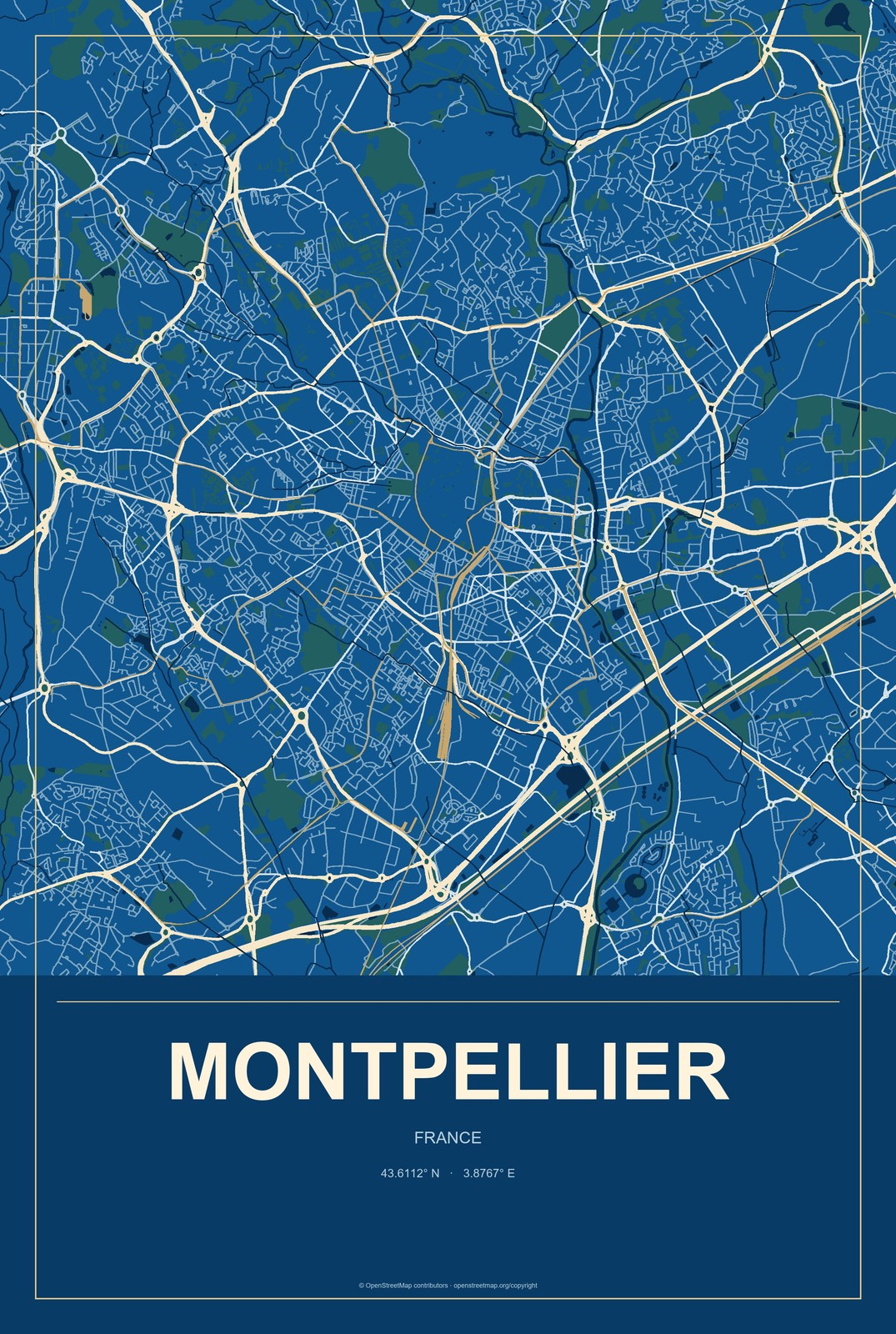 Montpellier, France City Map Aluminum Sign in Harbor Cobalt style