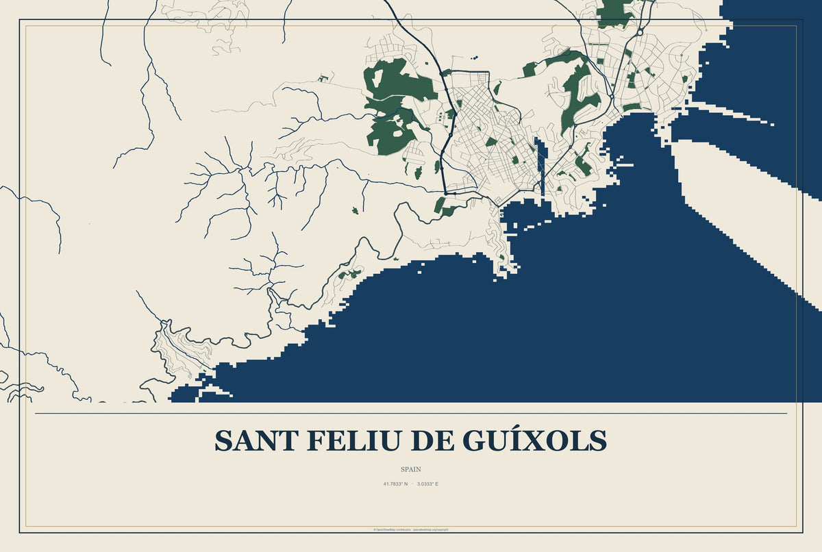 Sant Feliu de Guíxols, Spain City Map Aluminum Sign in Coastal Cutout style
