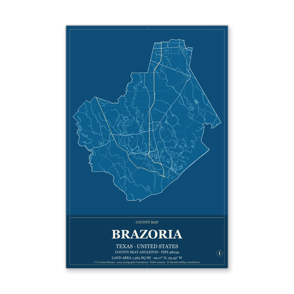 Brazoria County, Texas Map Aluminum Sign in Harbor Cobalt style