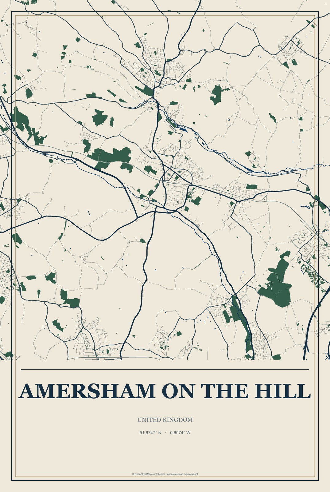 Amersham on the Hill, United Kingdom City Map Aluminum Sign in Coastal Cutout style