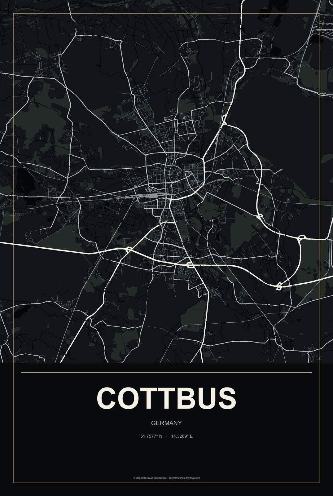 Cottbus, Germany City Map Aluminum Sign in Metropolitan Noir style