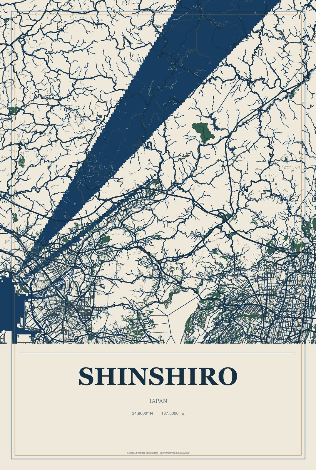 Shinshiro, Japan City Map Aluminum Sign in Coastal Cutout style