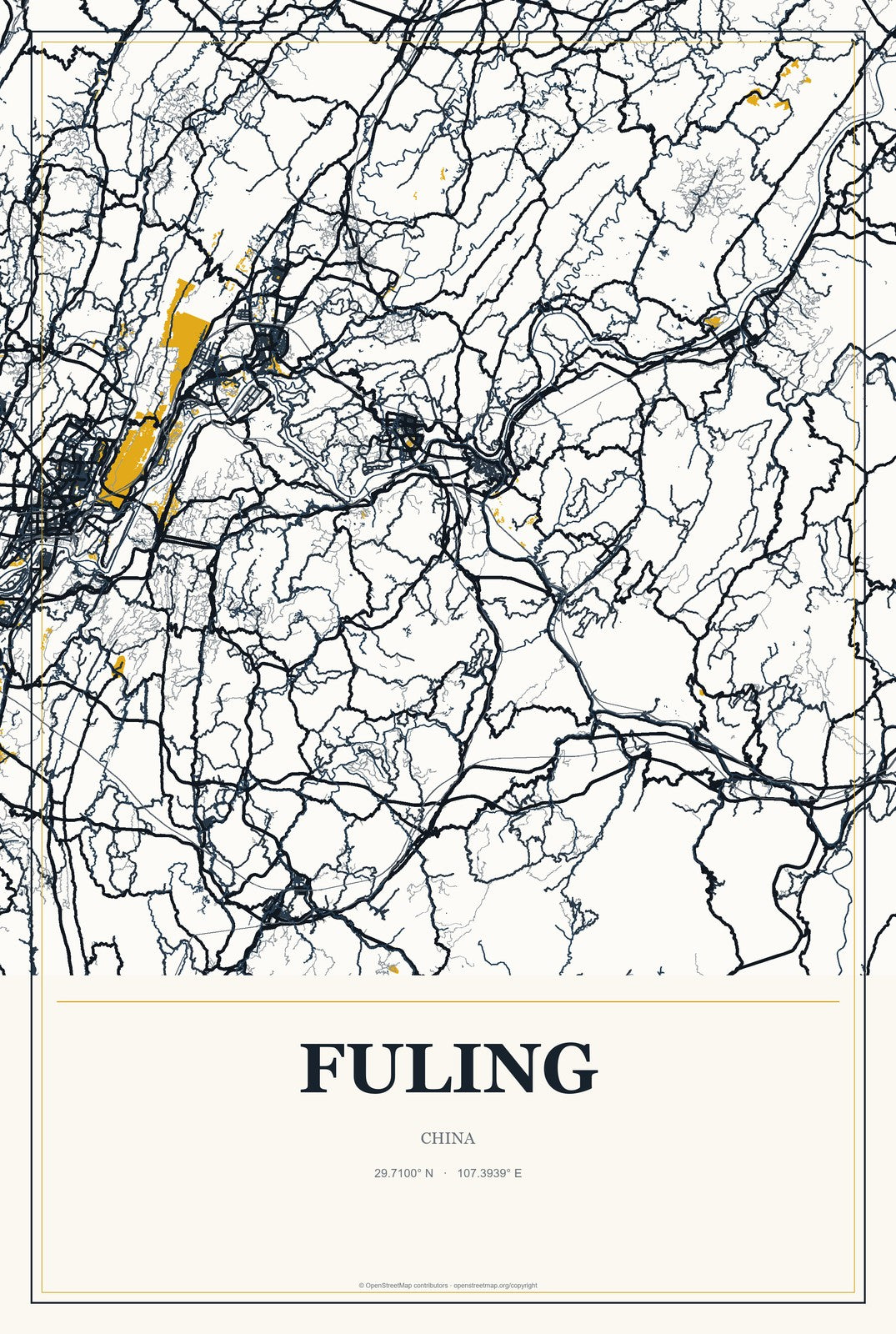 Fuling, China City Map Aluminum Sign in Citrine Modern style