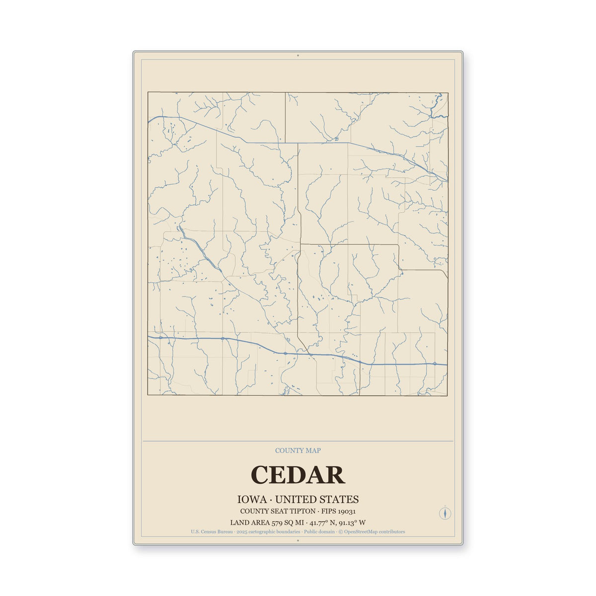 Cedar County, Iowa Map Aluminum Sign in Heritage Nautical style