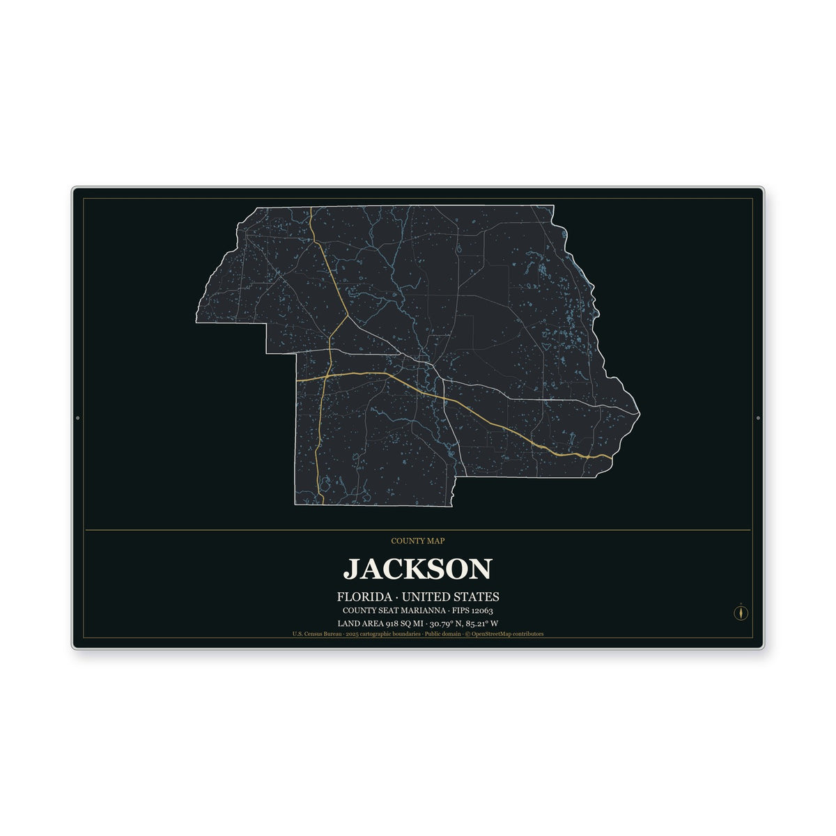 Jackson County, Florida Map Aluminum Sign in Metropolitan Noir style
