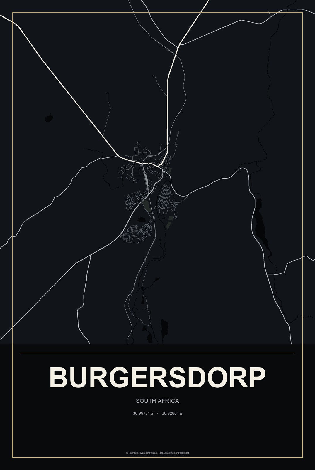 Burgersdorp, South Africa City Map Aluminum Sign in Metropolitan Noir style