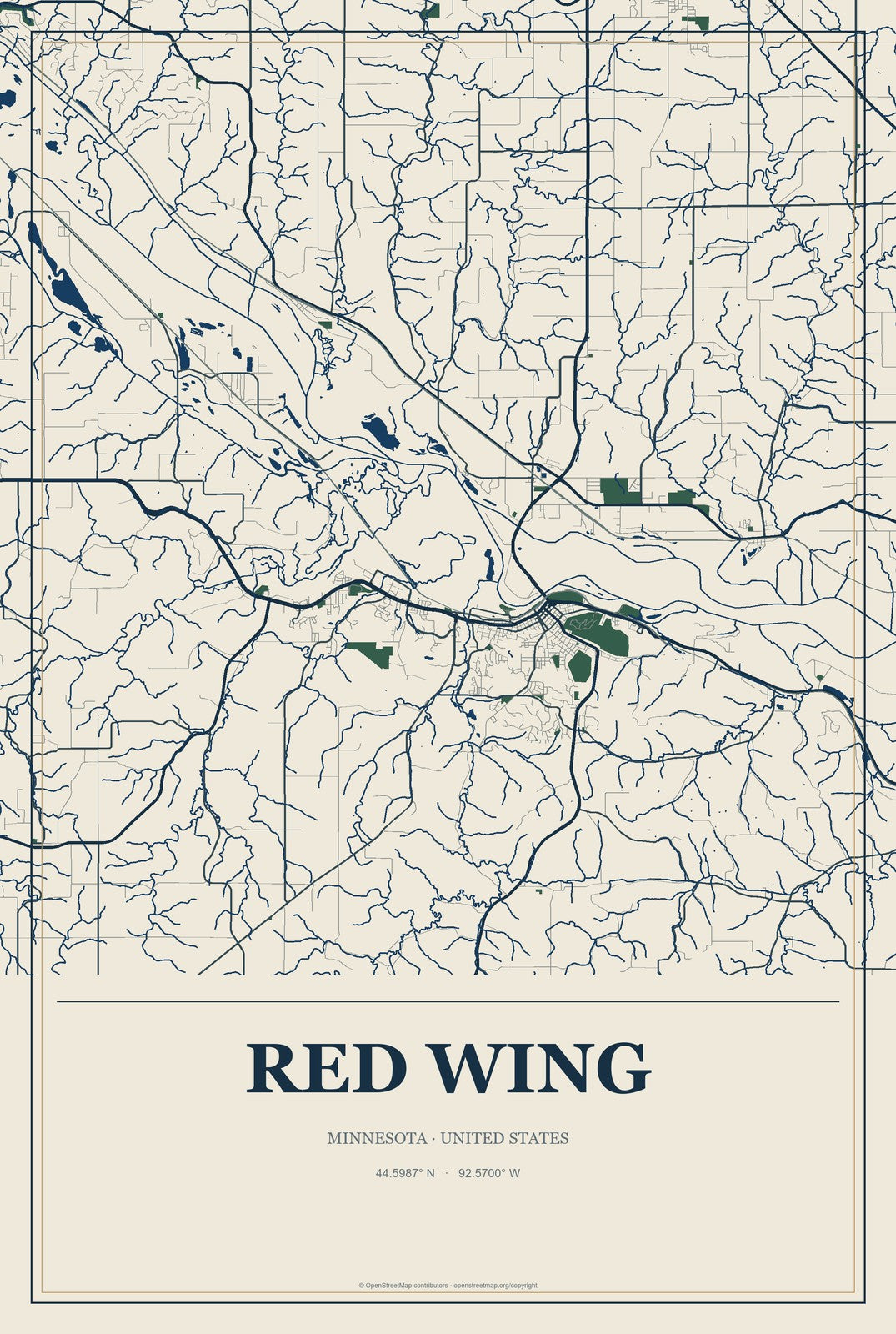 Red Wing, Minnesota City Map Aluminum Sign in Coastal Cutout style