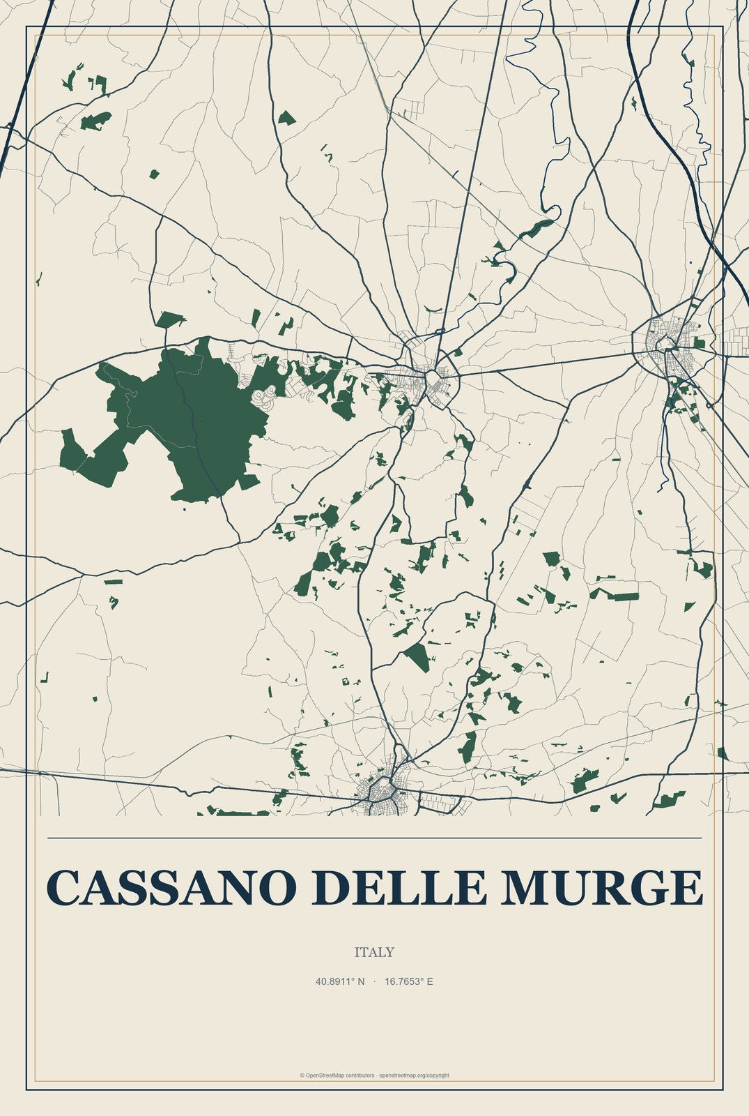 Cassano delle Murge, Italy City Map Aluminum Sign in Coastal Cutout style