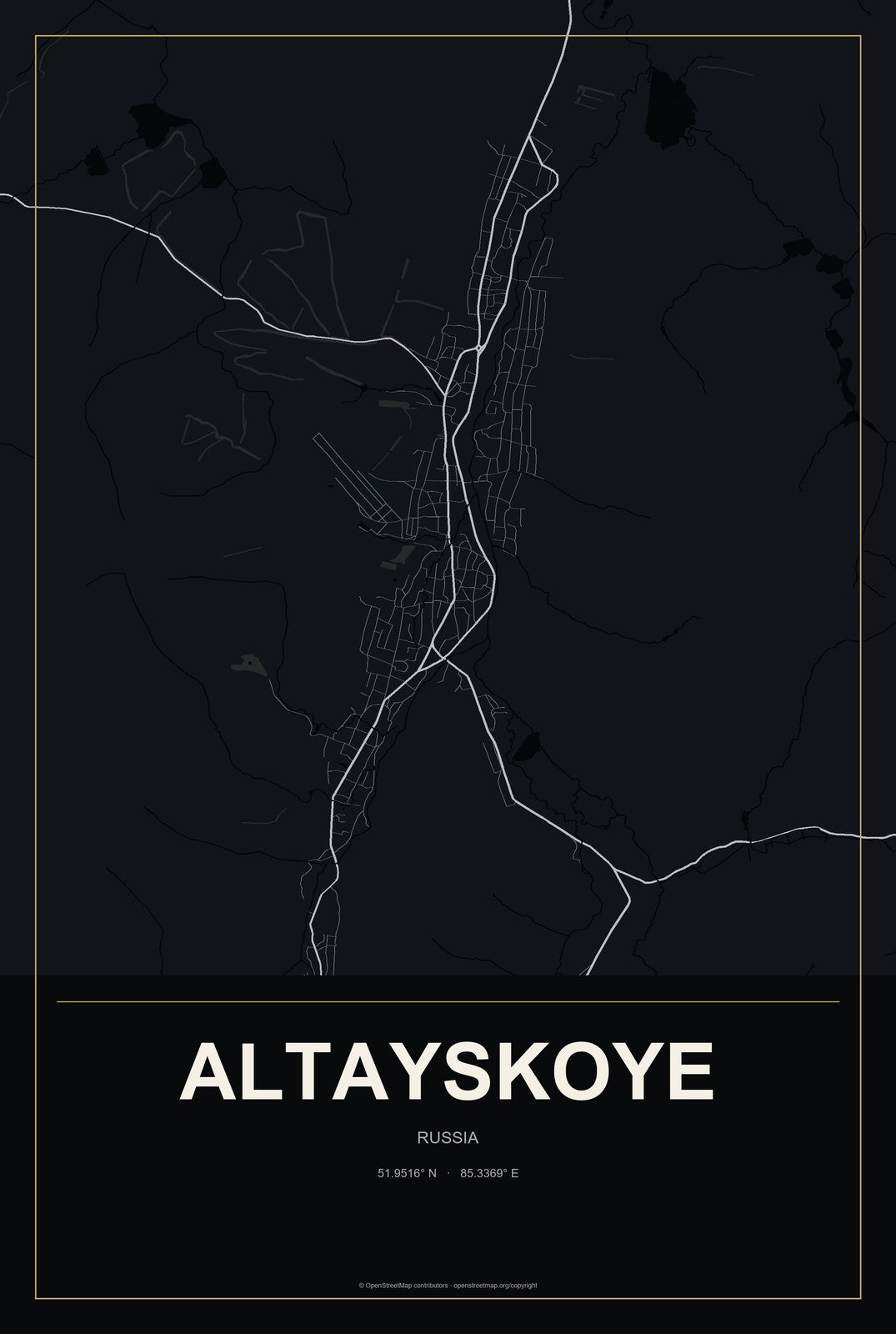 Altayskoye, Russia City Map Aluminum Sign in Metropolitan Noir style