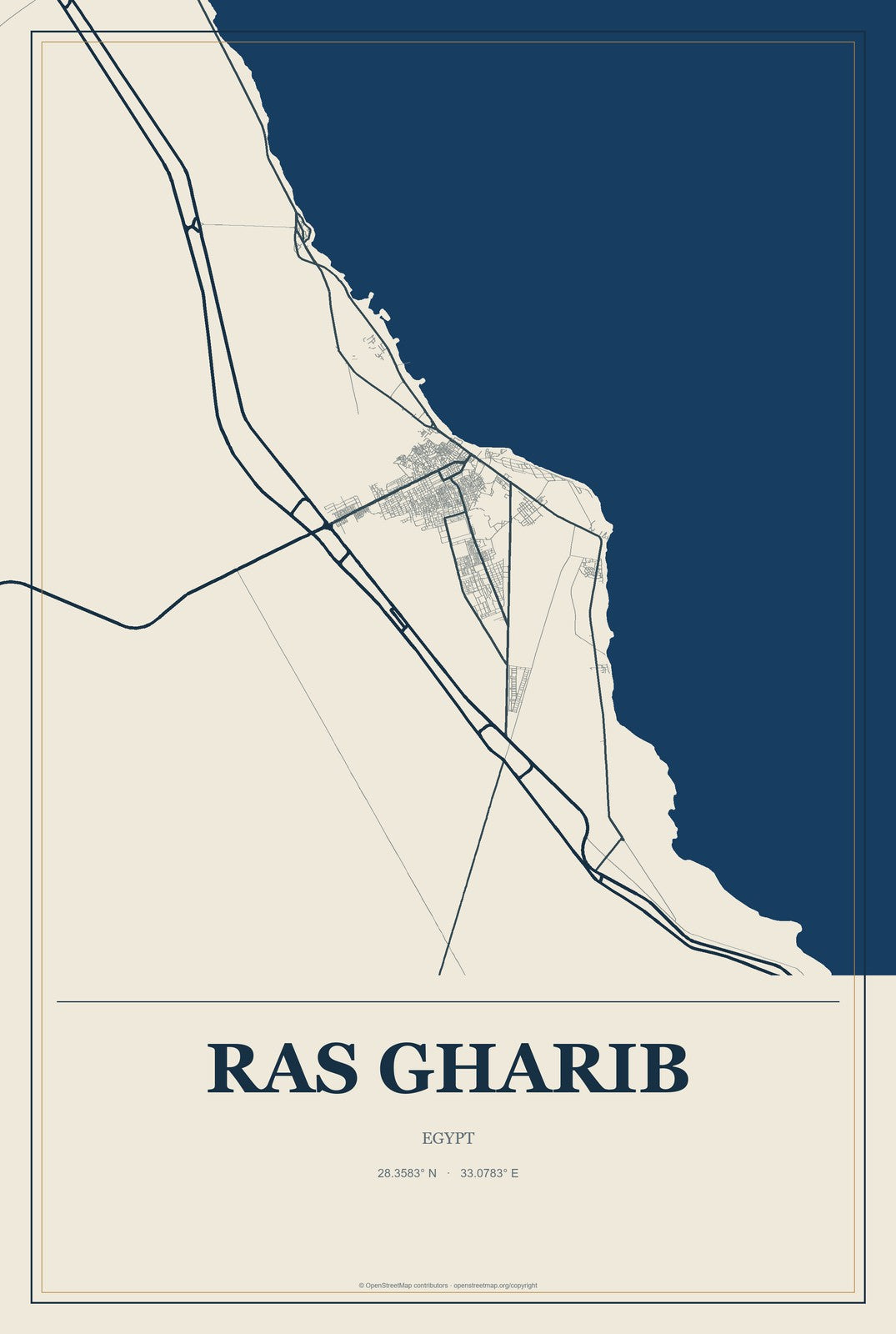 Ras Gharib, Egypt City Map Aluminum Sign in Coastal Cutout style