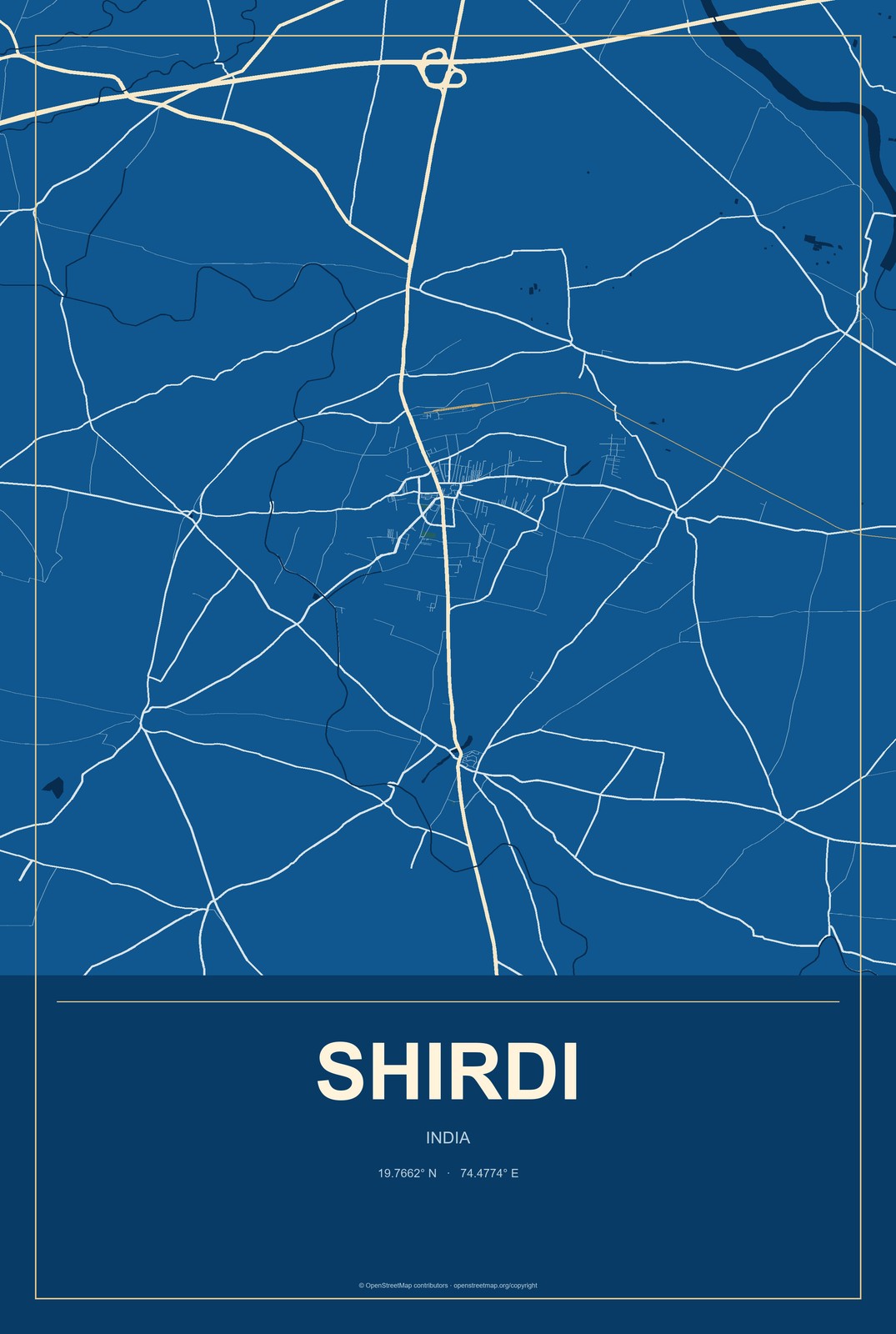 Shirdi, India City Map Aluminum Sign in Harbor Cobalt style