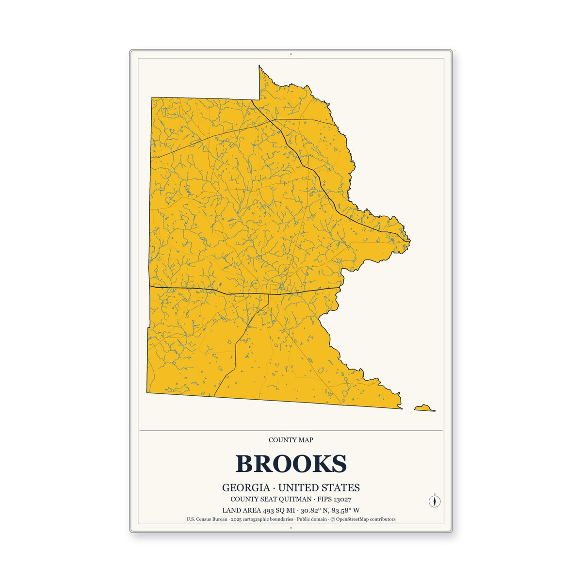 Brooks County, Georgia Map Aluminum Sign in Citrine Modern style
