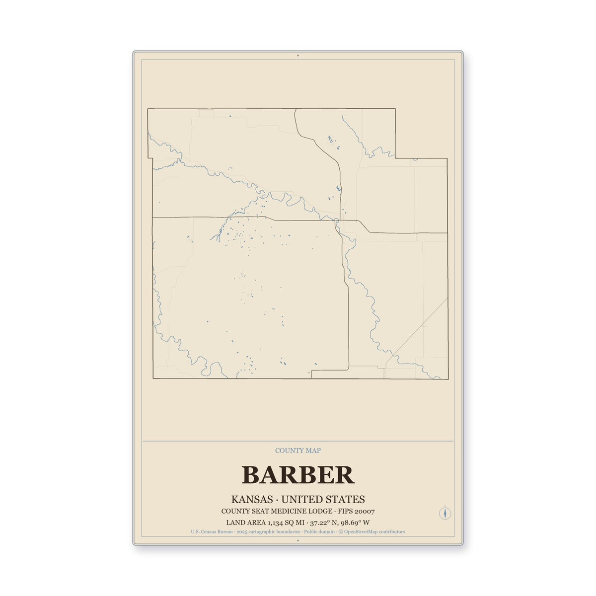 Barber County, Kansas Map Aluminum Sign in Heritage Nautical style