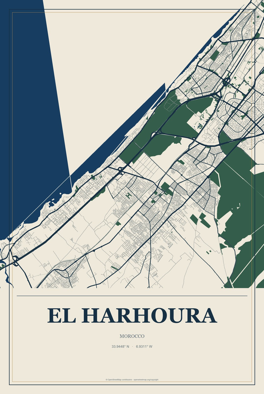 El Harhoura, Morocco City Map Aluminum Sign in Coastal Cutout style