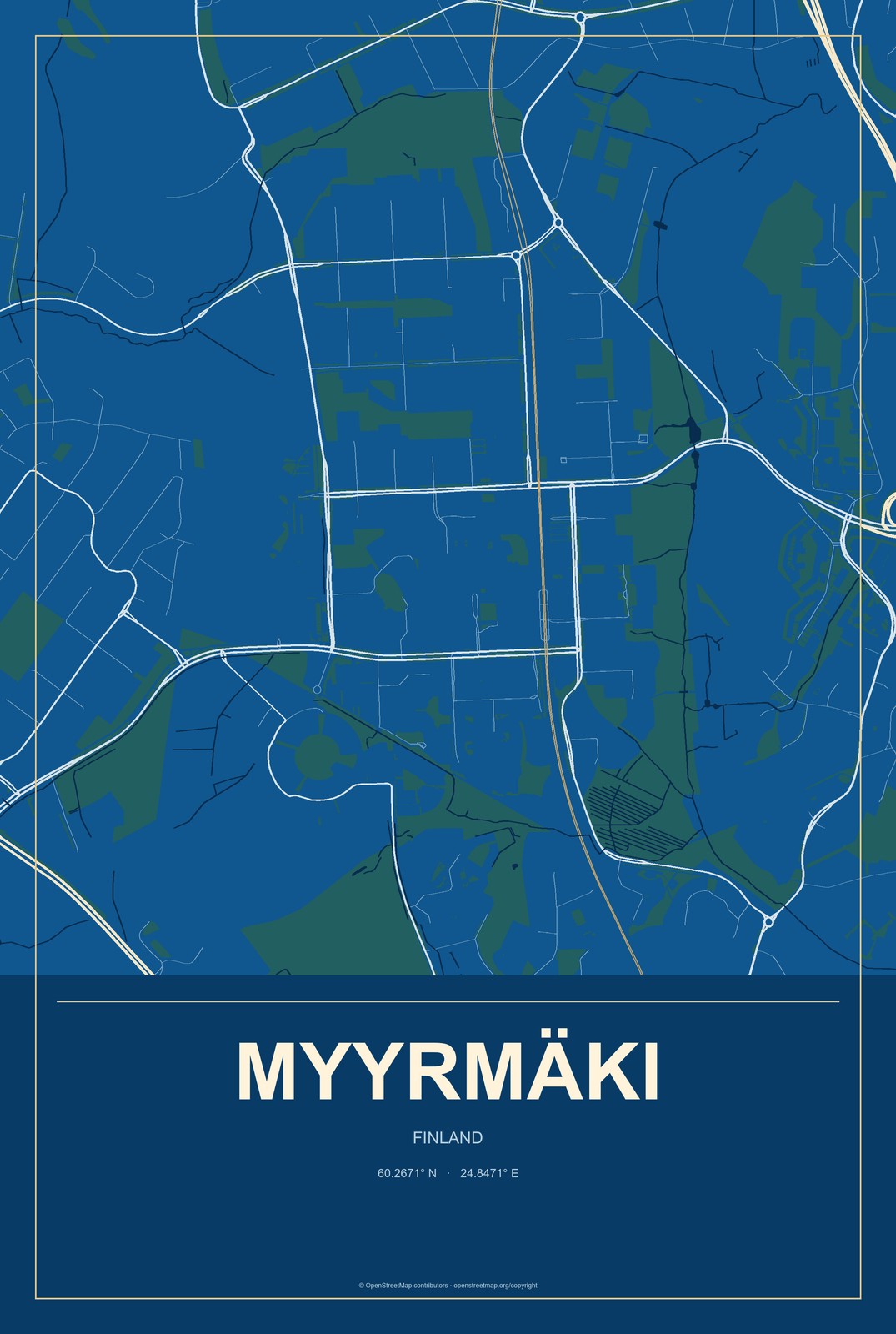 Myyrmäki, Finland City Map Aluminum Sign in Harbor Cobalt style