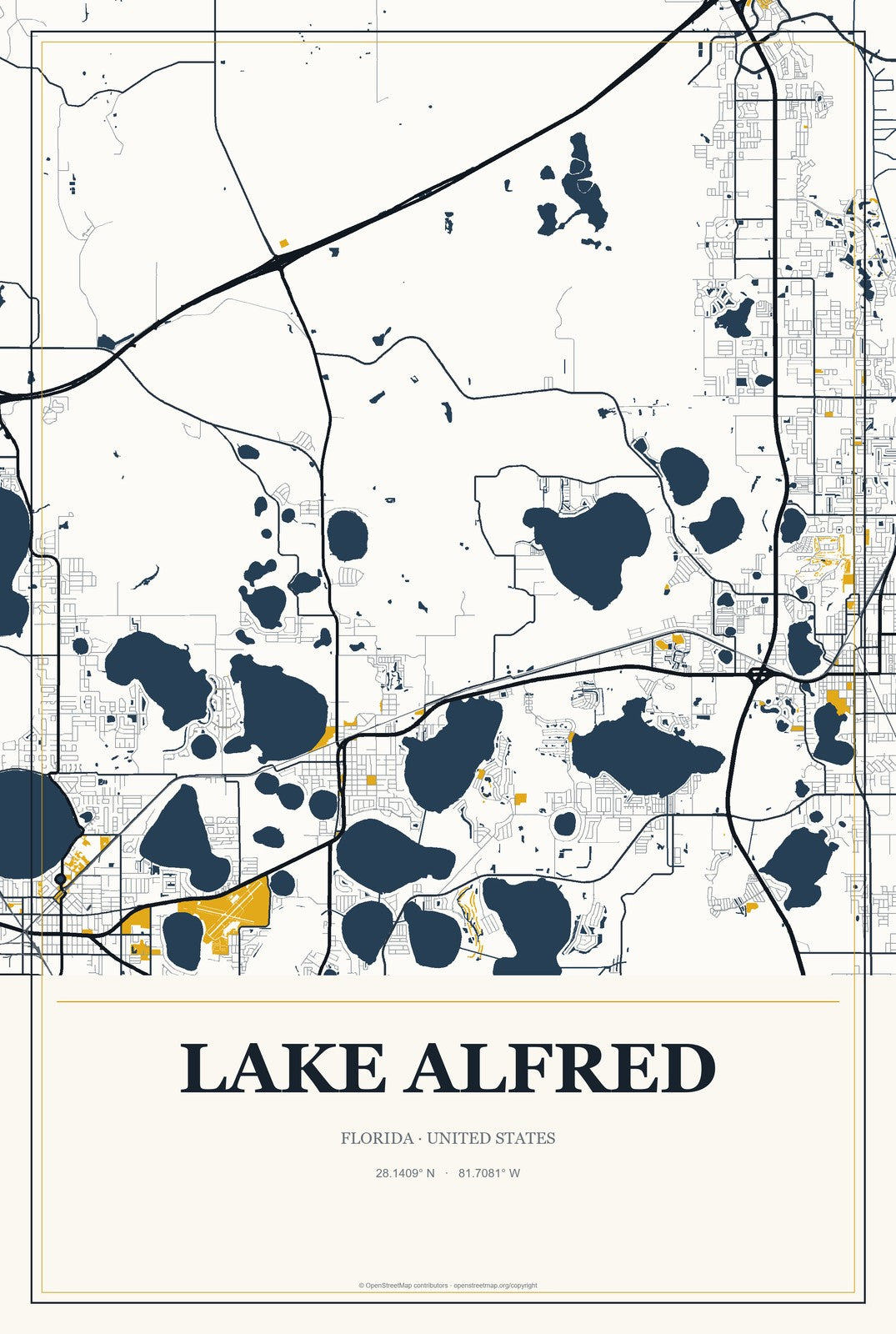Lake Alfred, Florida City Map Aluminum Sign in Citrine Modern style