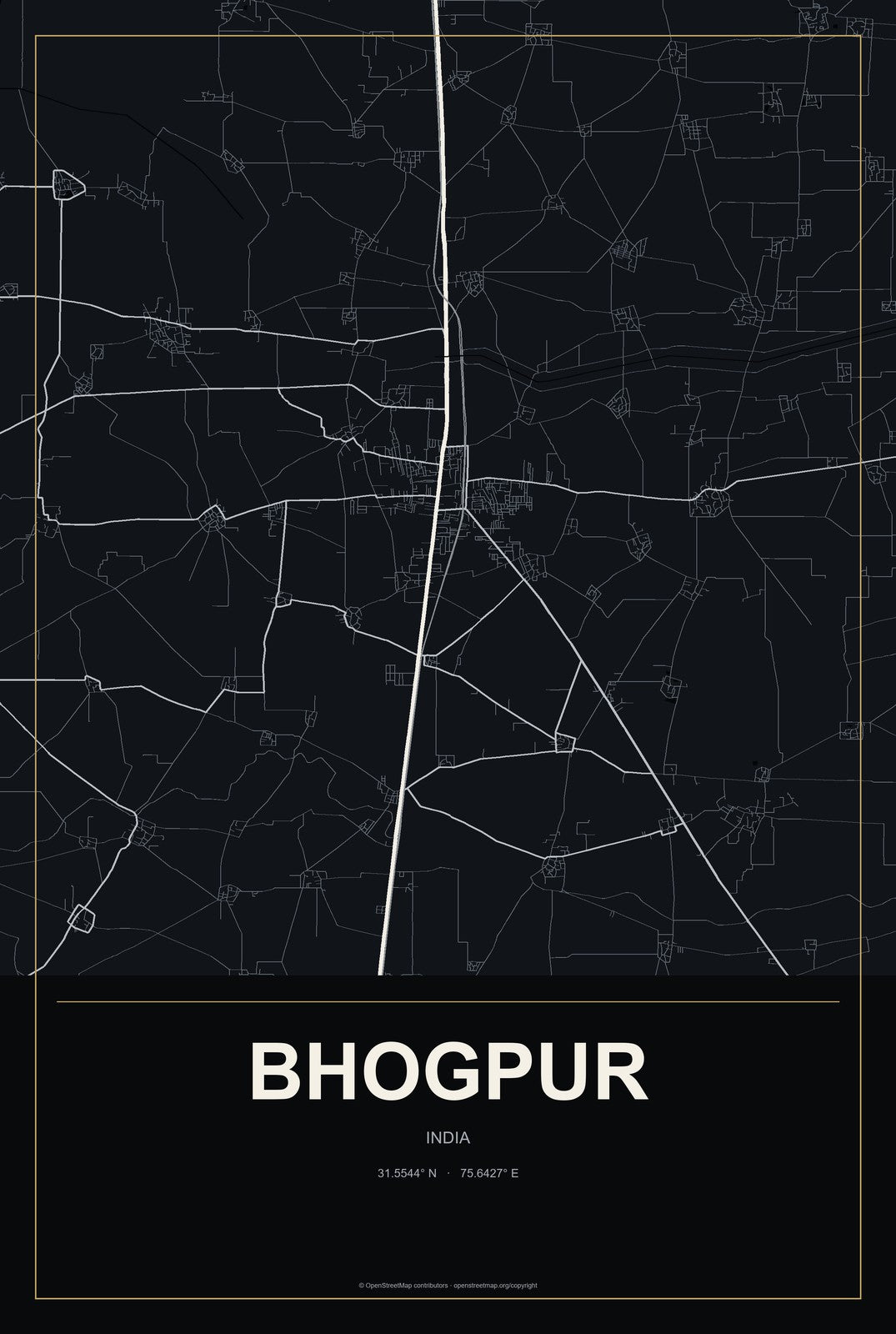 Bhogpur, India City Map Aluminum Sign in Metropolitan Noir style