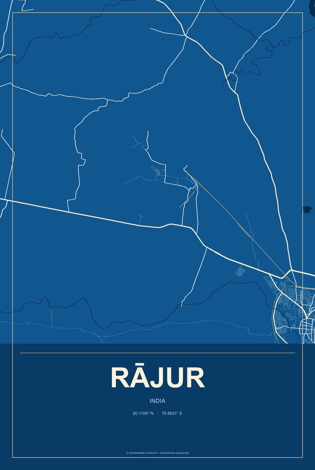Rājur, India City Map Aluminum Sign in Harbor Cobalt style
