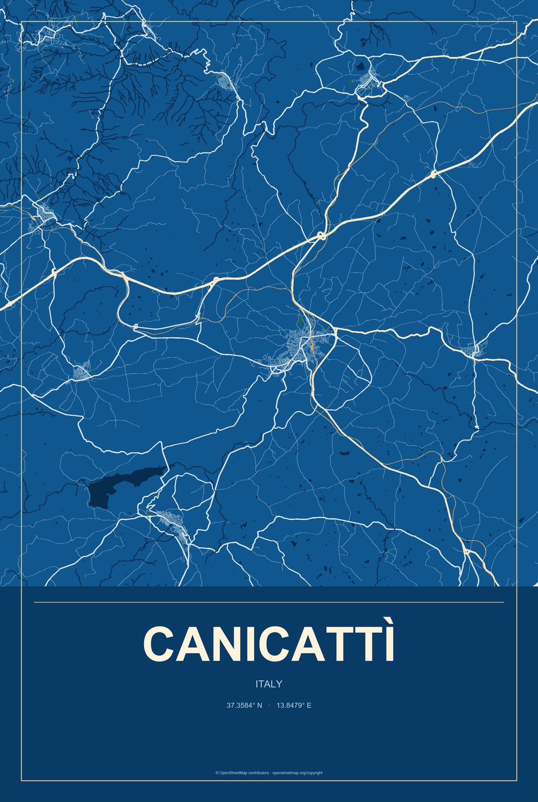 Canicattì, Italy City Map Aluminum Sign in Harbor Cobalt style