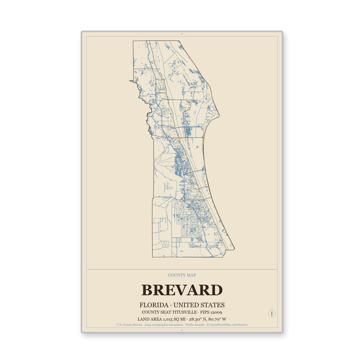 Brevard County, Florida Map Aluminum Sign in Heritage Nautical style